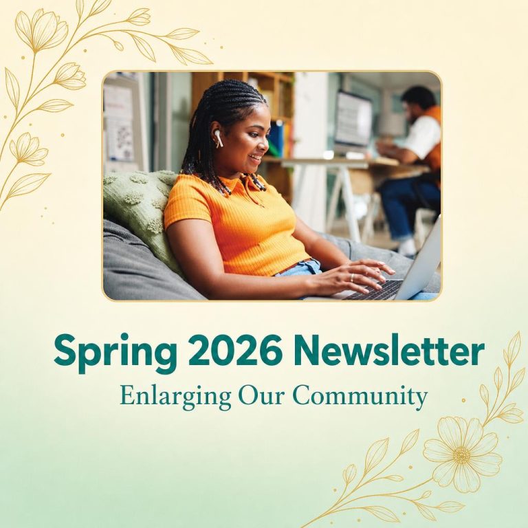 The Albert Baker Fund Spring 2026 Newsletter — Enlarging Our Community. A Christian Science scholarship recipient studying on her laptop.